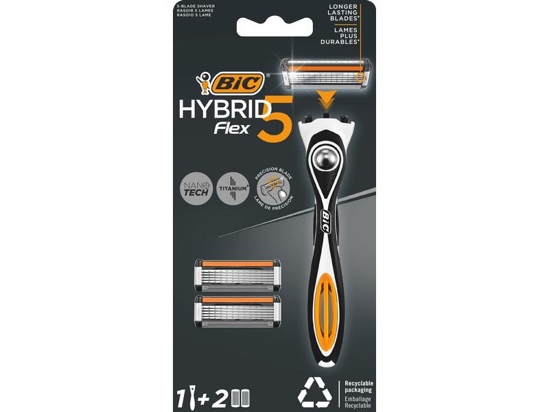 BIC Herrenrasierer Hybrid 5 Flex 1 Rasierer, 2 Klingen Herrenrasierer-Set mit Griff und Nano-Tech-Titan-5-Klingen-Nachfüllpackungen