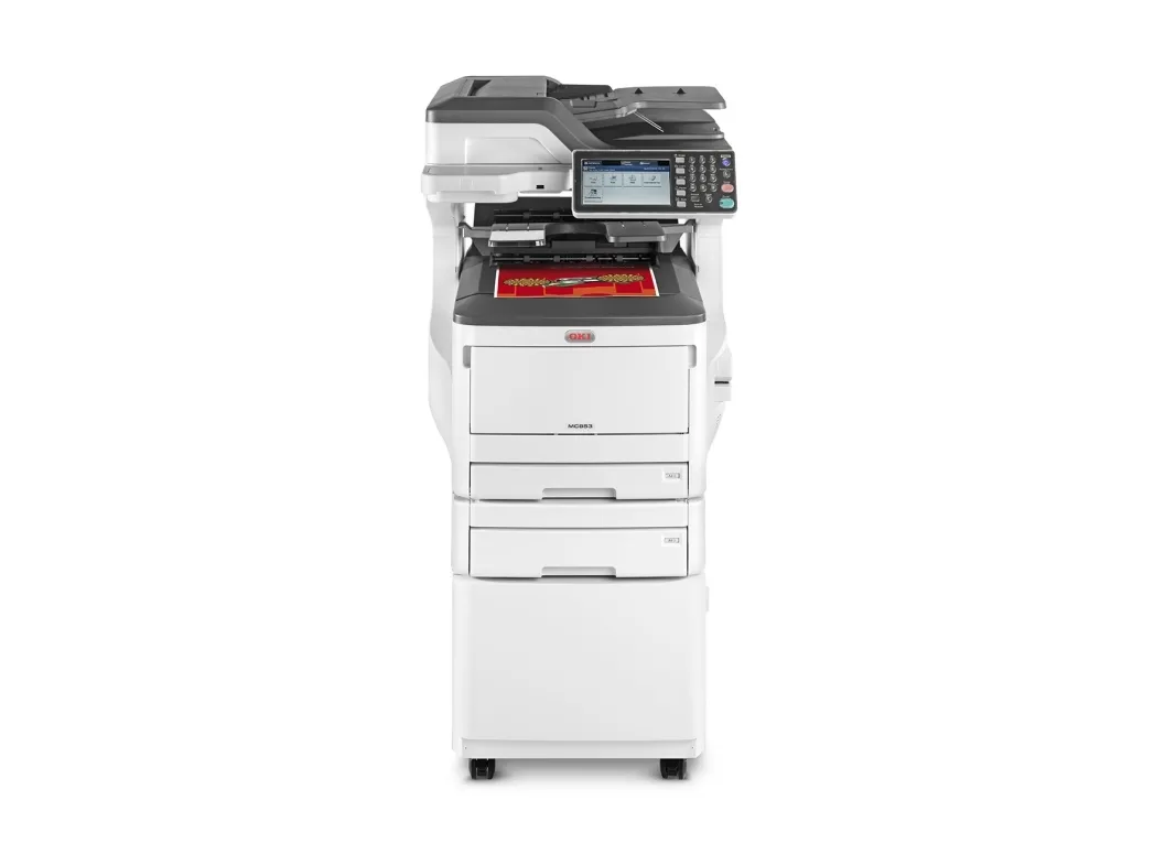 OKI MC853DNCT - Multifunktionsprinter - farve - LED - 297 x 431.8 mm (original) - A3 (medie) - op til 23 spm (kopiering) - op til 23 spm (udskriver) - 935 ark - 33.6 Kbps - USB 2.0, Gigabit LAN, USB vært