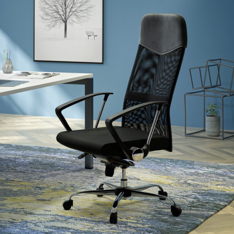Fauteuil de bureau Lanzio tissu et maille - avec accoudoirs, appui-tête et soutien lombaire - Mécanisme Basculant axe décalé - Pied Chrome