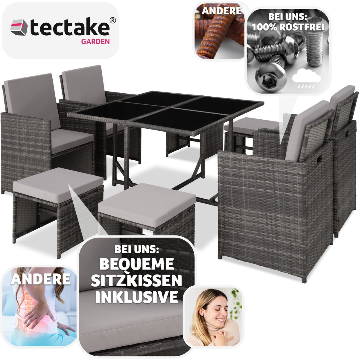 tectake Bilbao rotan zitgroep voor 4 tot 8 personen, inklapbaar, inclusief beschermhoes