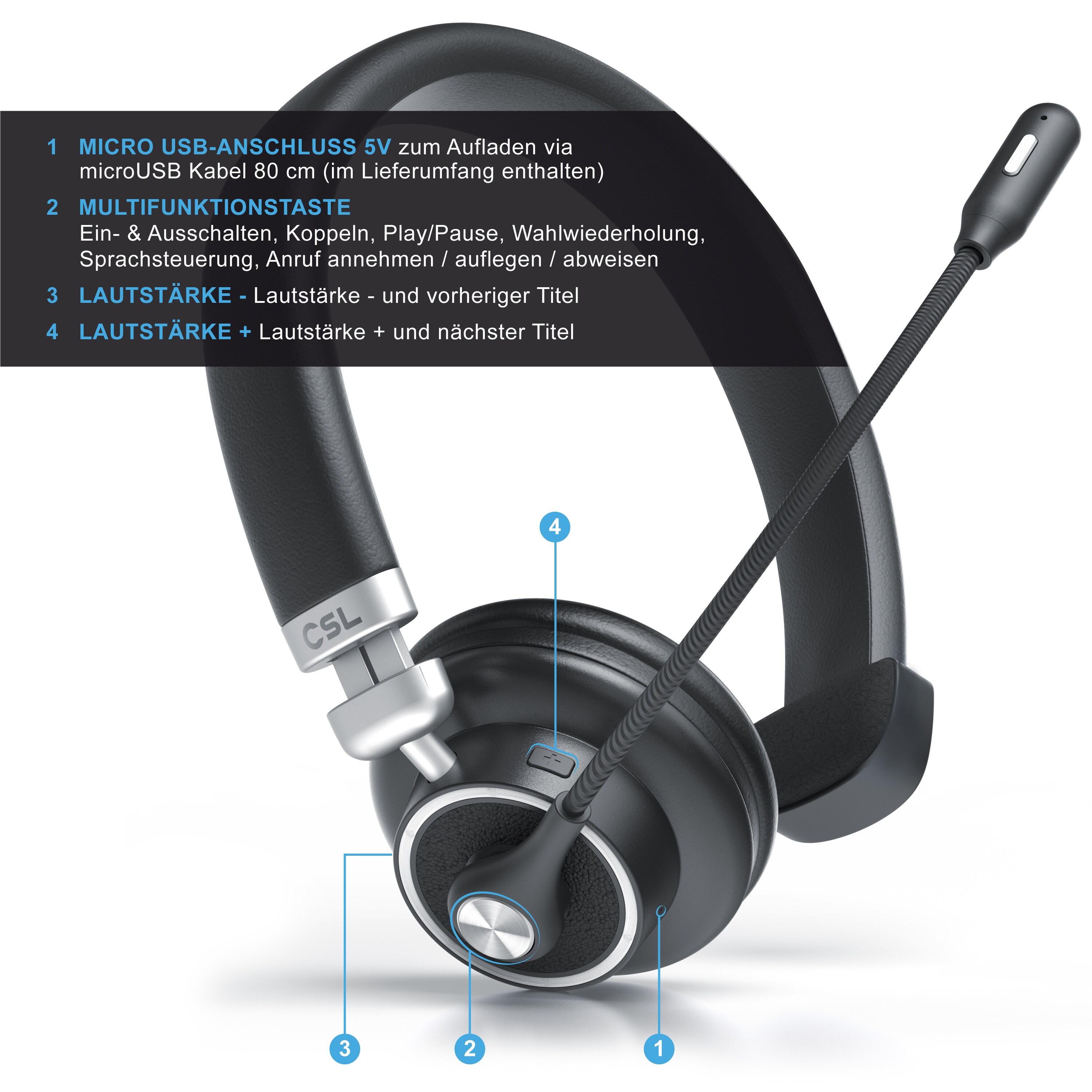 CSL Bluetooth 4.1 Headset 38mm - Kopfhörer mit flexiblem Mikrofon - Multipoint - kabellos - leicht - freisprechen - für Auto und LKW Computer VoIP