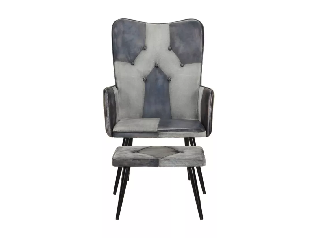 Fauteuil avec repose-pieds Gris Cuir véritable et toile