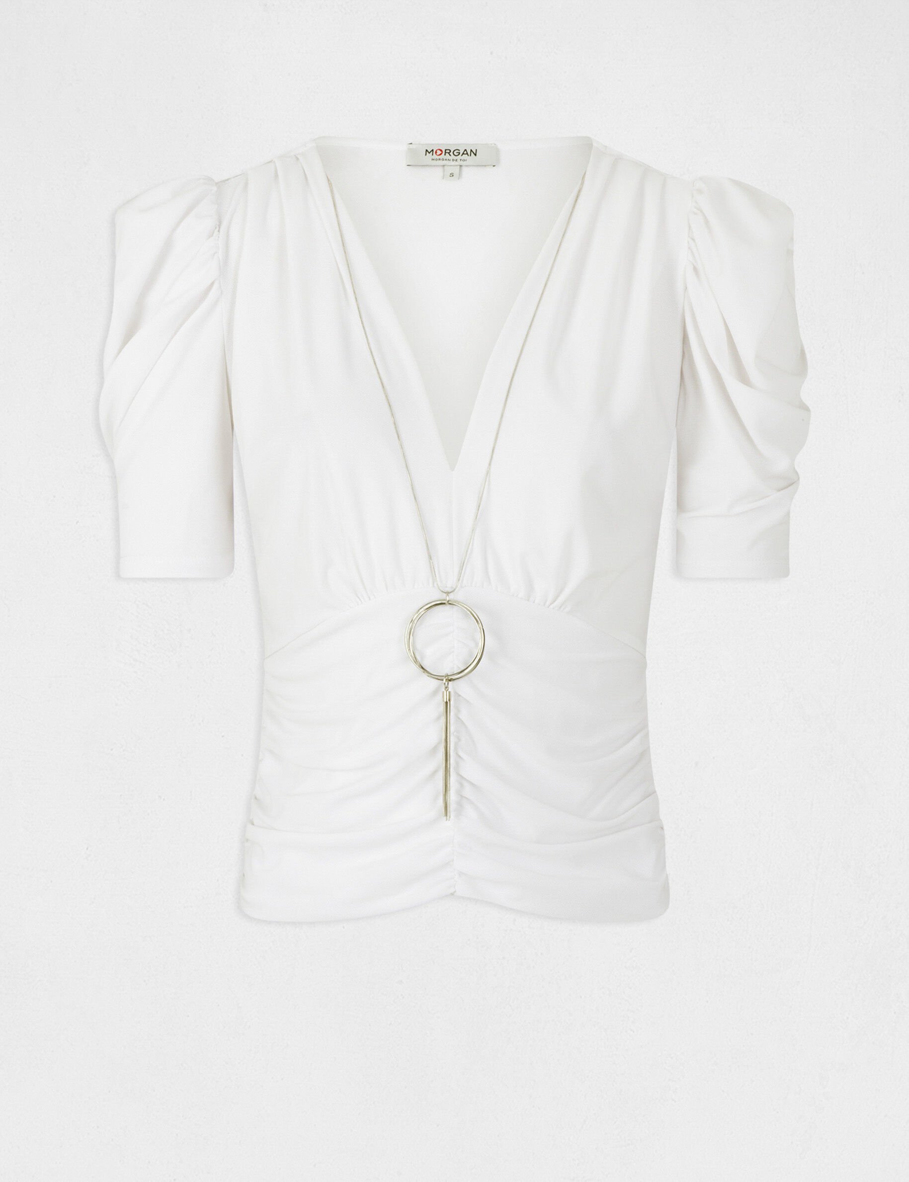 T-shirt manches courtes à détail bijou ecru femme - ecru