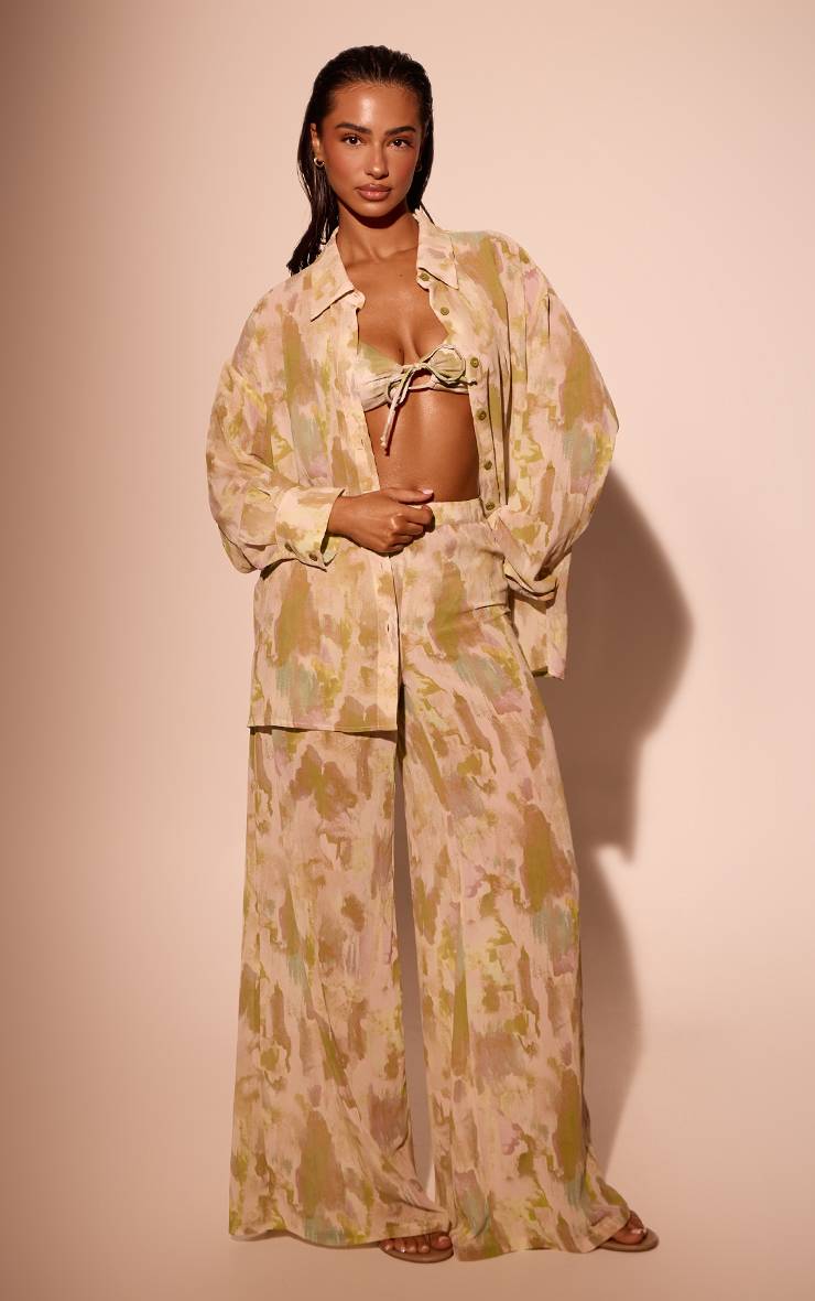 Vert Olive Chemise De Plage En Mousseline Imprimé Abstrait