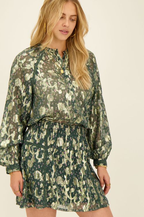 Groen jacquard rokje met goudkleurige print
