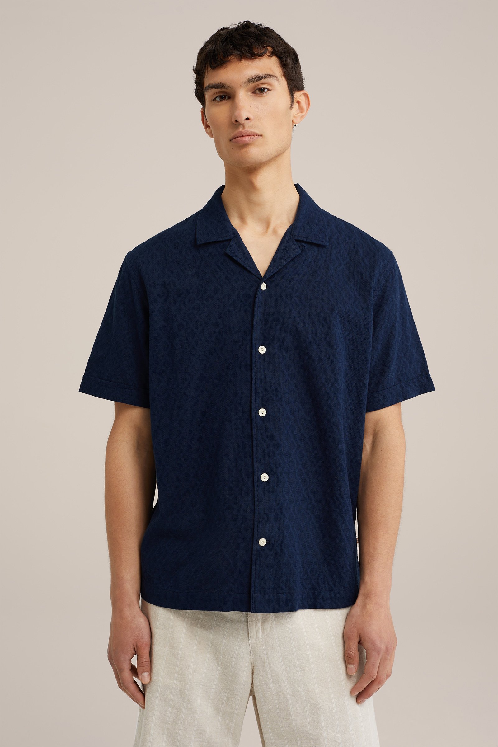 korte overhemd overhemd met structuur print WE Fashion Donkerblauw