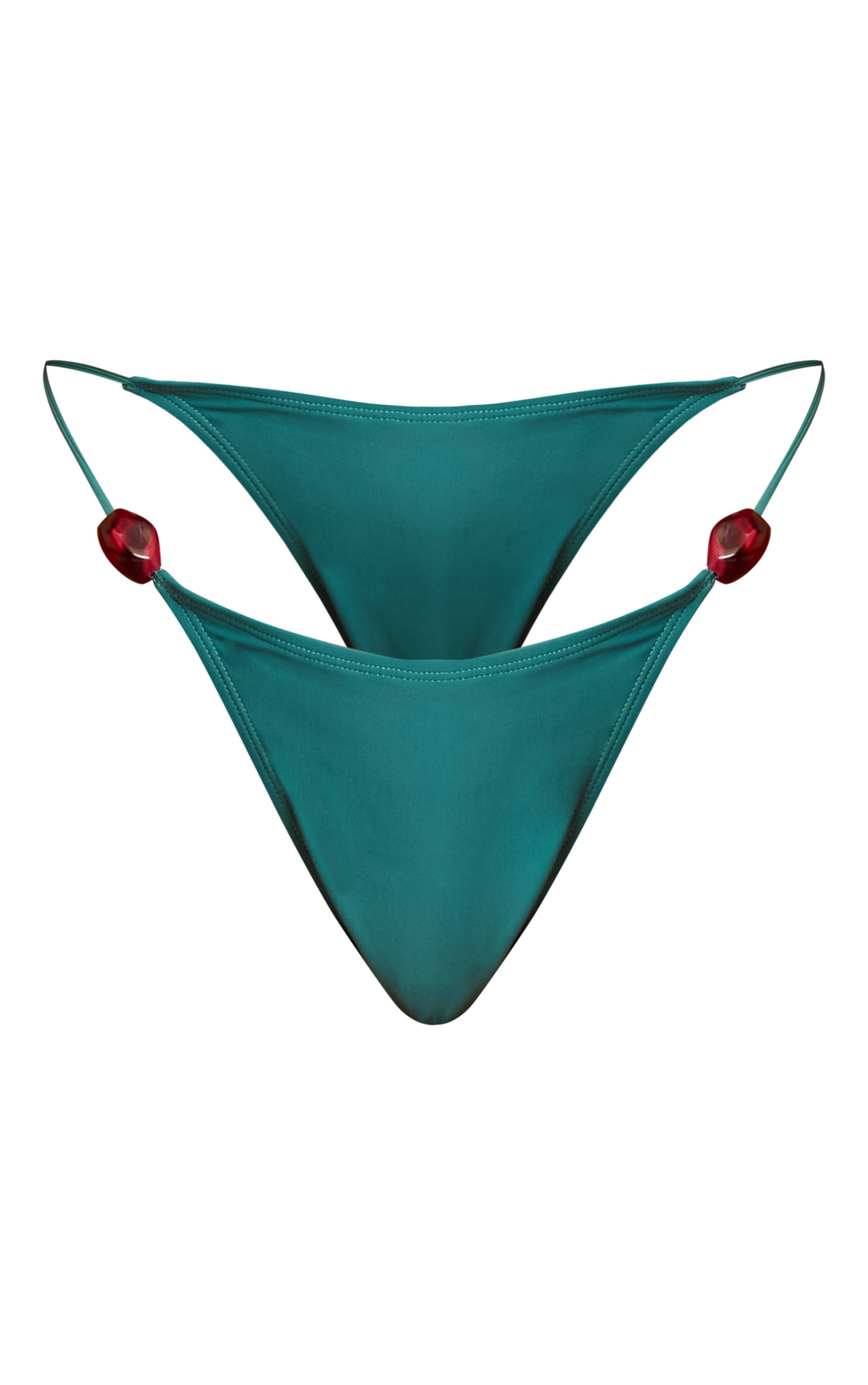 Vert Turquoise Bas De Bikini Tanga À Bordure De Perles