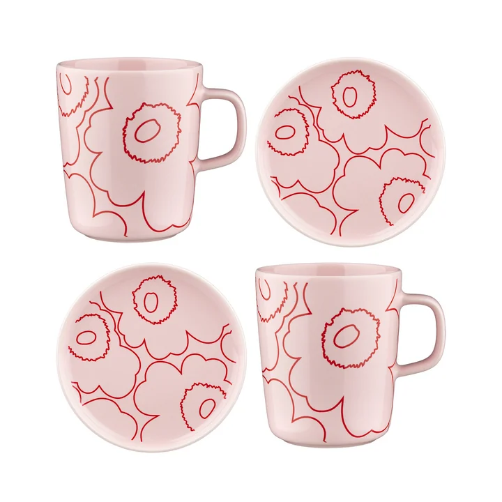 Marimekko - Oiva Piirto Unikko Geschirr-Set, pink / rot (4-tlg)