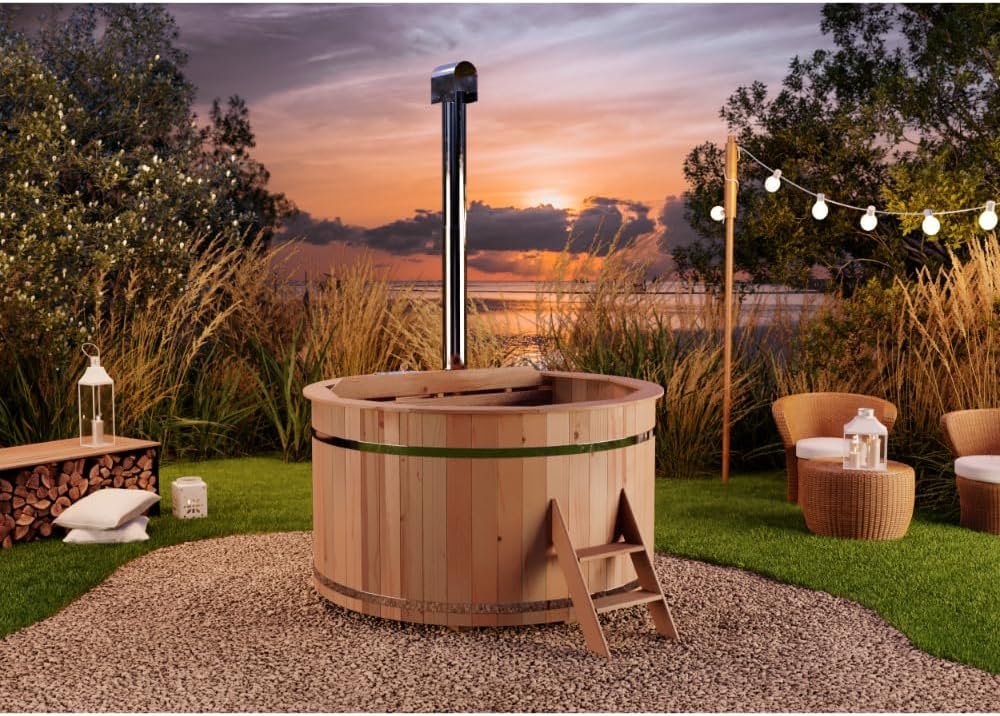 Holz Badefass Bergen, Hot Tub Ø 180 x 110 cm, inkl. Edelstahl-Ofen 22 kW und Einstiegsleiter, 5-6 Personen, Schwimmbecken, Badebottich, Sprudelbad