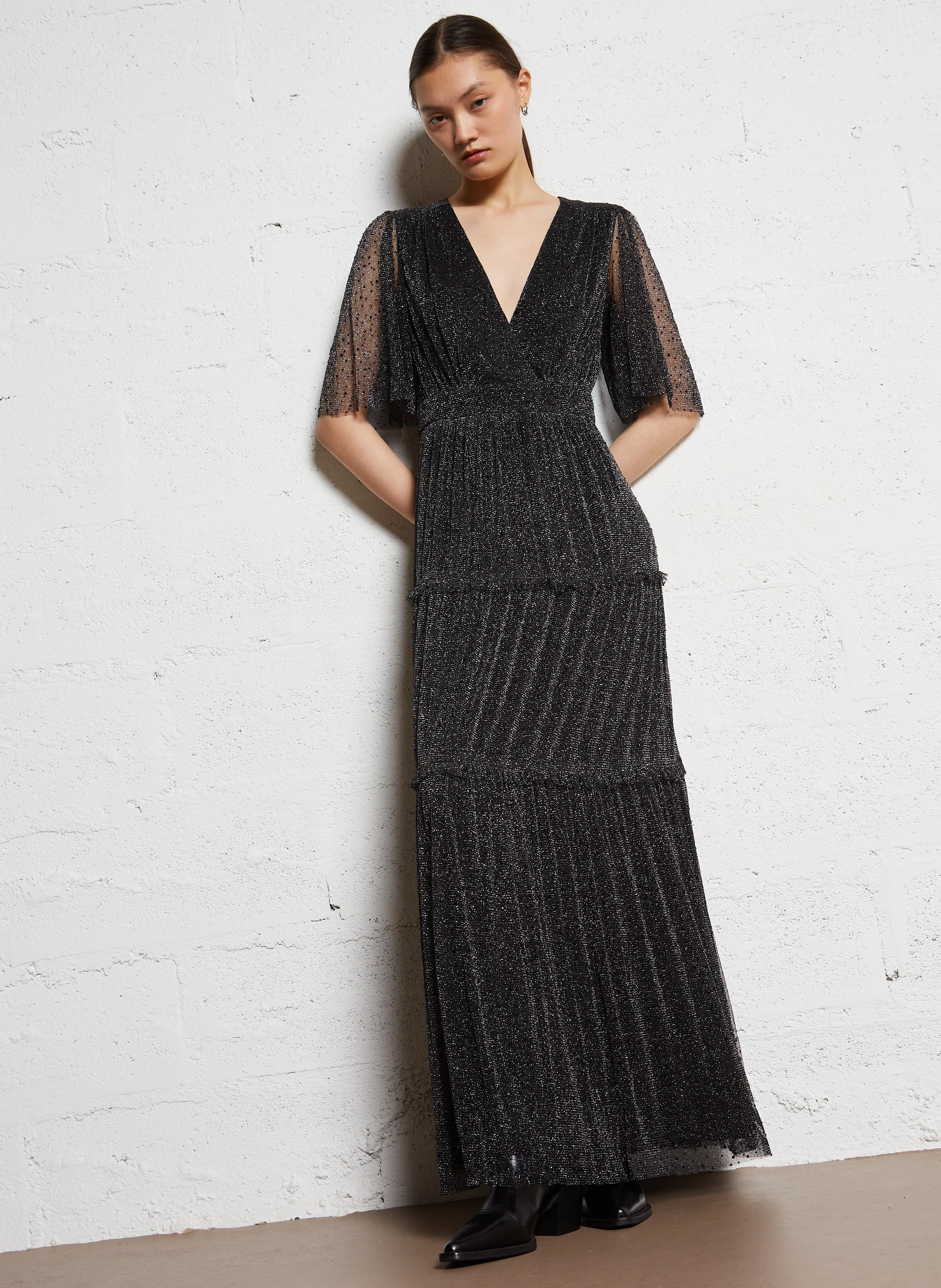 RYAN - Robe longue fluide à strass | Gris