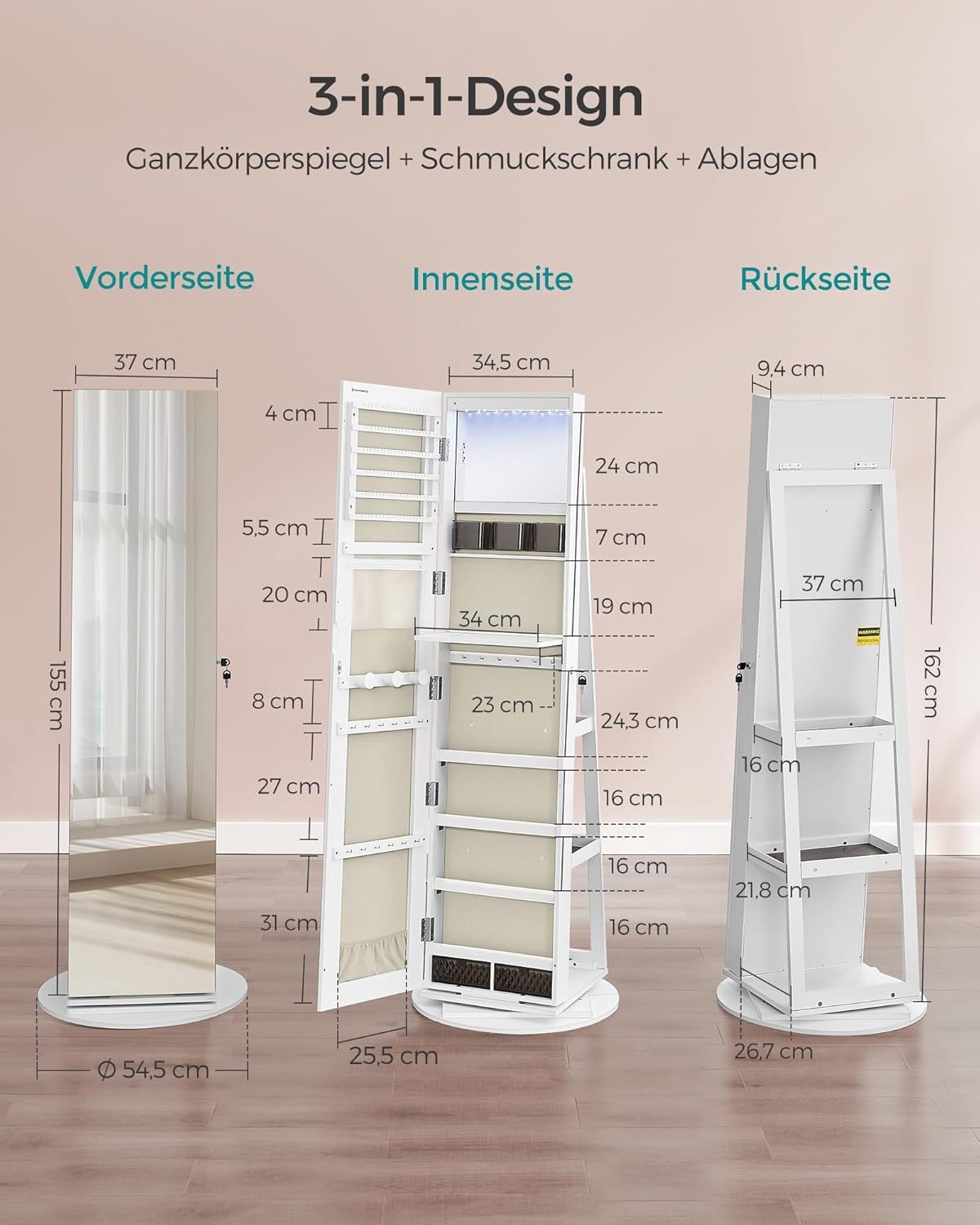SONGMICS Schmuckschrank, Spiegelschrank, mit rahmenlosem Ganzkörperspiegel, 3 Ablagen, 360° drehbar, abschließbar, Oberfläche in Weiß, Innenfutter in Greige JJC007W02