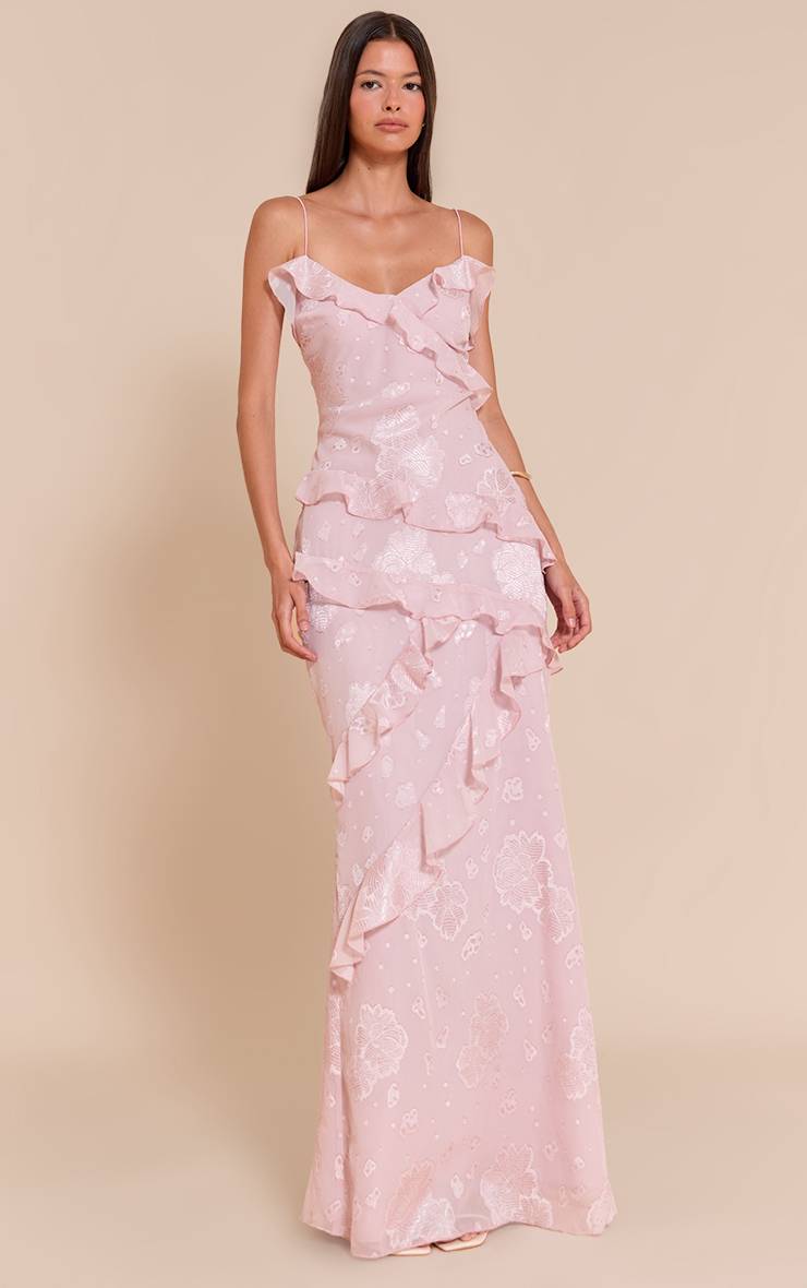 Rose Clair Robe Longue À Volants Brodés De Fleurs