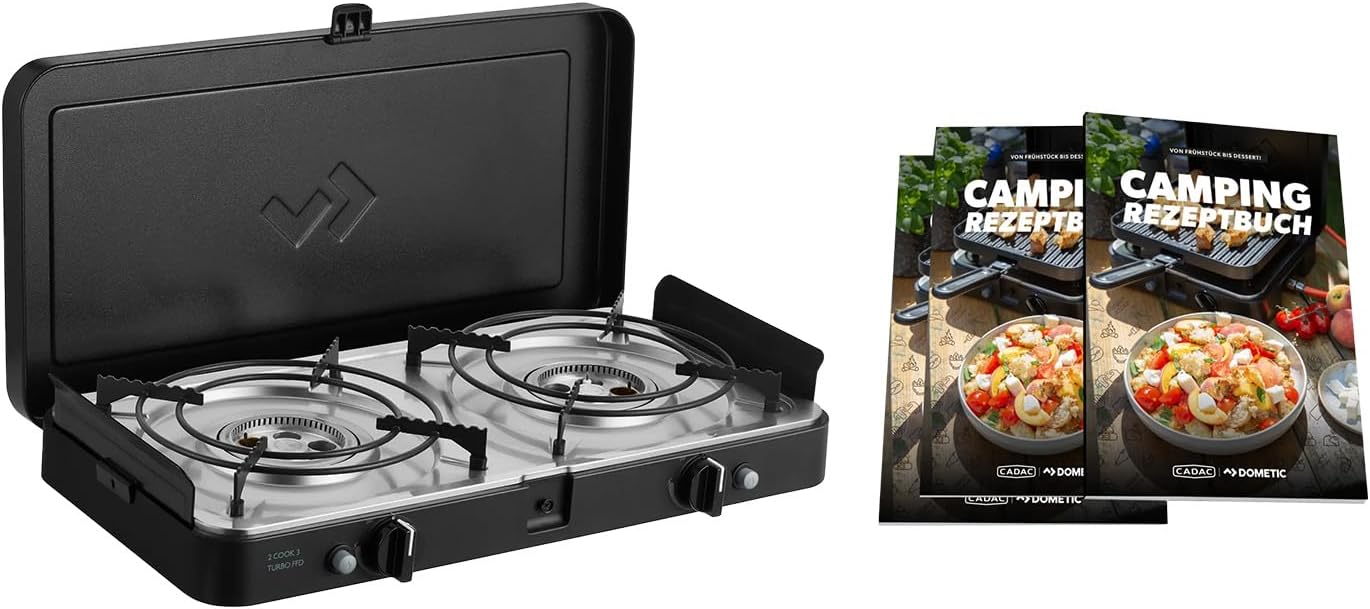 CADAC - 2 Cook 3 Turbo Stove + Camping-Kochbuch - Gas Tischgrill mit 2 Brennern + Rezeptbuch - Outdoor Campinggrill Set mit Piezo-Zündung & Rezepten – Grillzubehör & Camping Must-Have - 50mBar