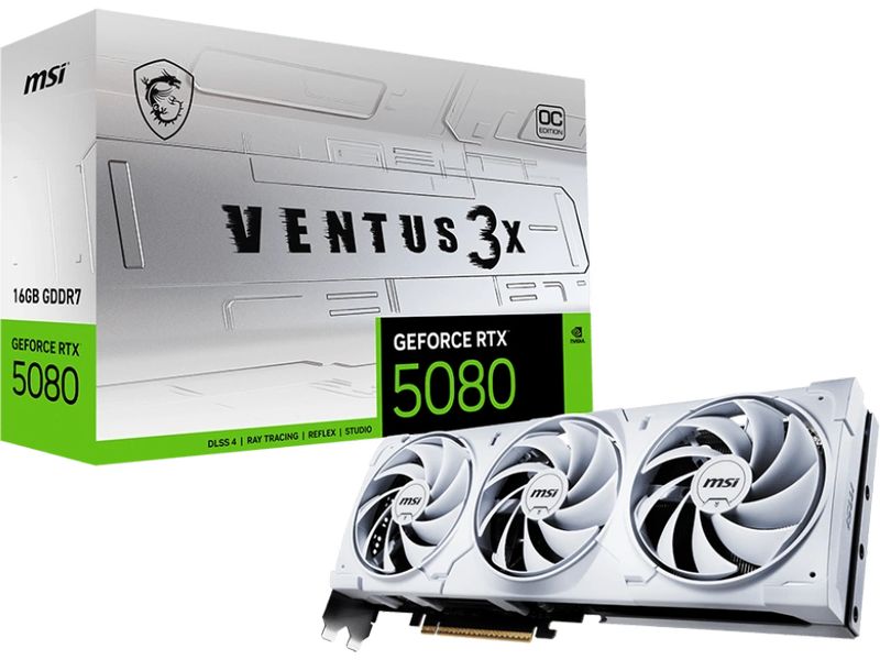 MSI Grafikkarte RTX 5080 Ventus 3X OC White 16 GB Gamer-Grafikkarte mit 16 GB GDDR7-Speicher, ermöglicht Auflösungen bis zu 8k