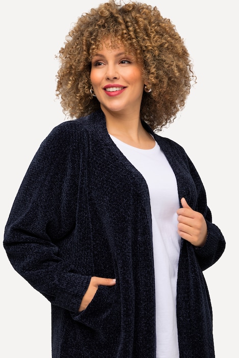 Chenille-Strickjacke, Oversized, V-Ausschnitt, offene Form