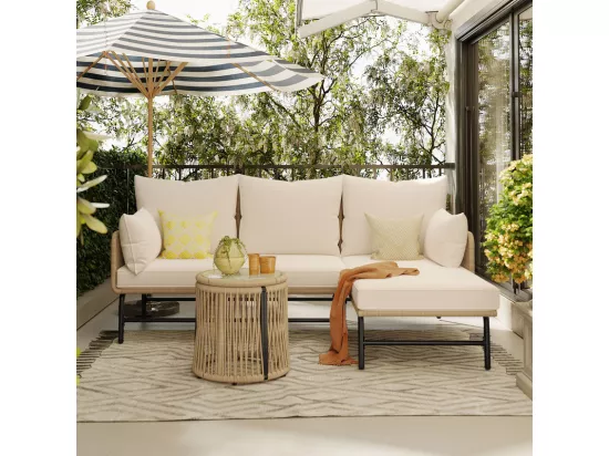 Salon de jardin 4 places - Canapé d'angle de jardin en Acier et Corde tressée - avec une table basse - Beige
