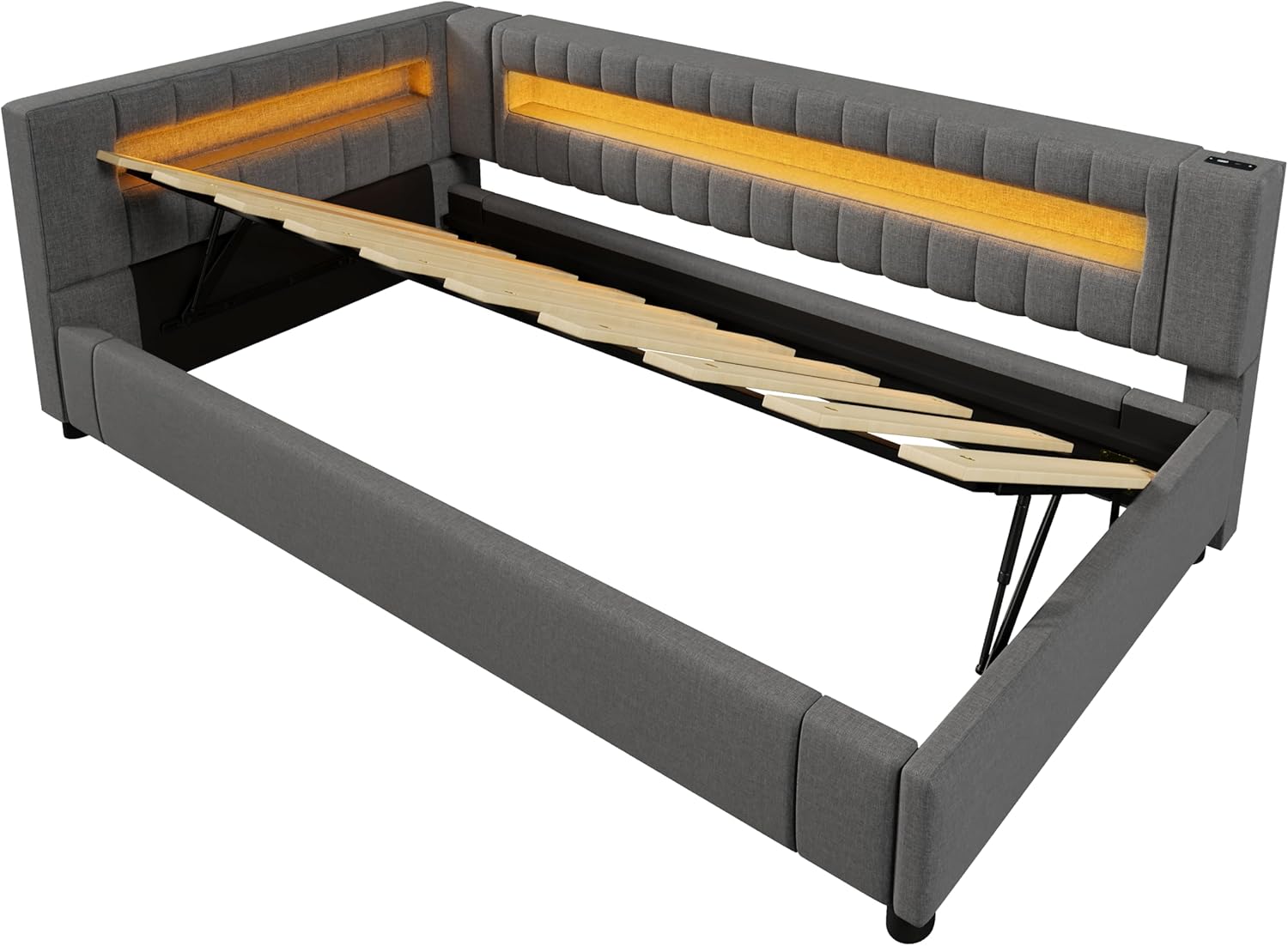 Polsterbett Einzelbett 90x200, Schlafsofa mit Hydraulischem Stauraum&LED-Licht&USB Ladefunktion, Stauraumbett Jugendbett Funktionsbett Gästebett Bettgestell mit Lattenrost, Linen, Ohne Matratze, Grau