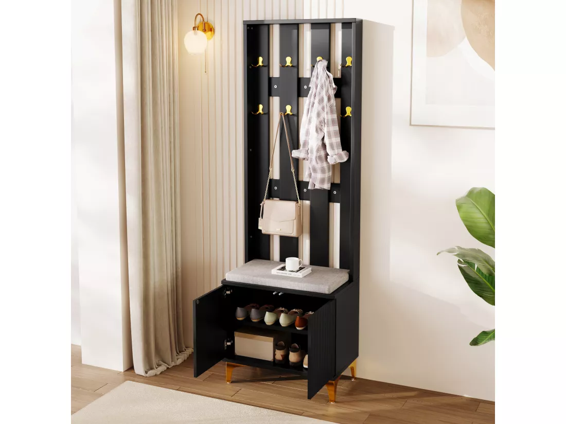Meuble à chaussures avec banc, 2 portes et porte-manteau - Panneaux de particules - Noir