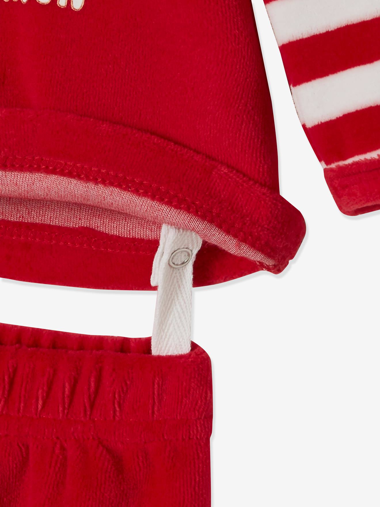 Pijama de veludo de duas peças para bebê, vermelho escuro, liso com estampas, tema natalino.