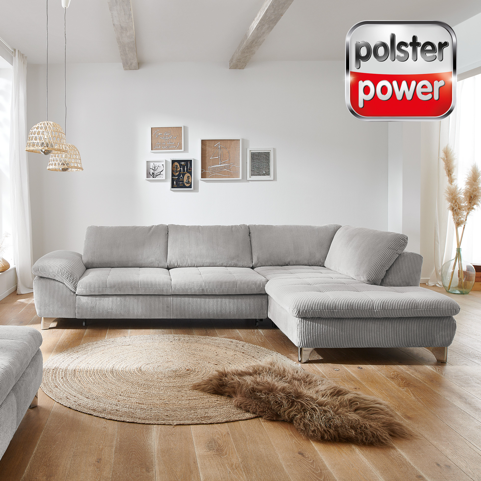 polsterpower Ecksofa - grey - Basismodell - Anstellhocker rechts