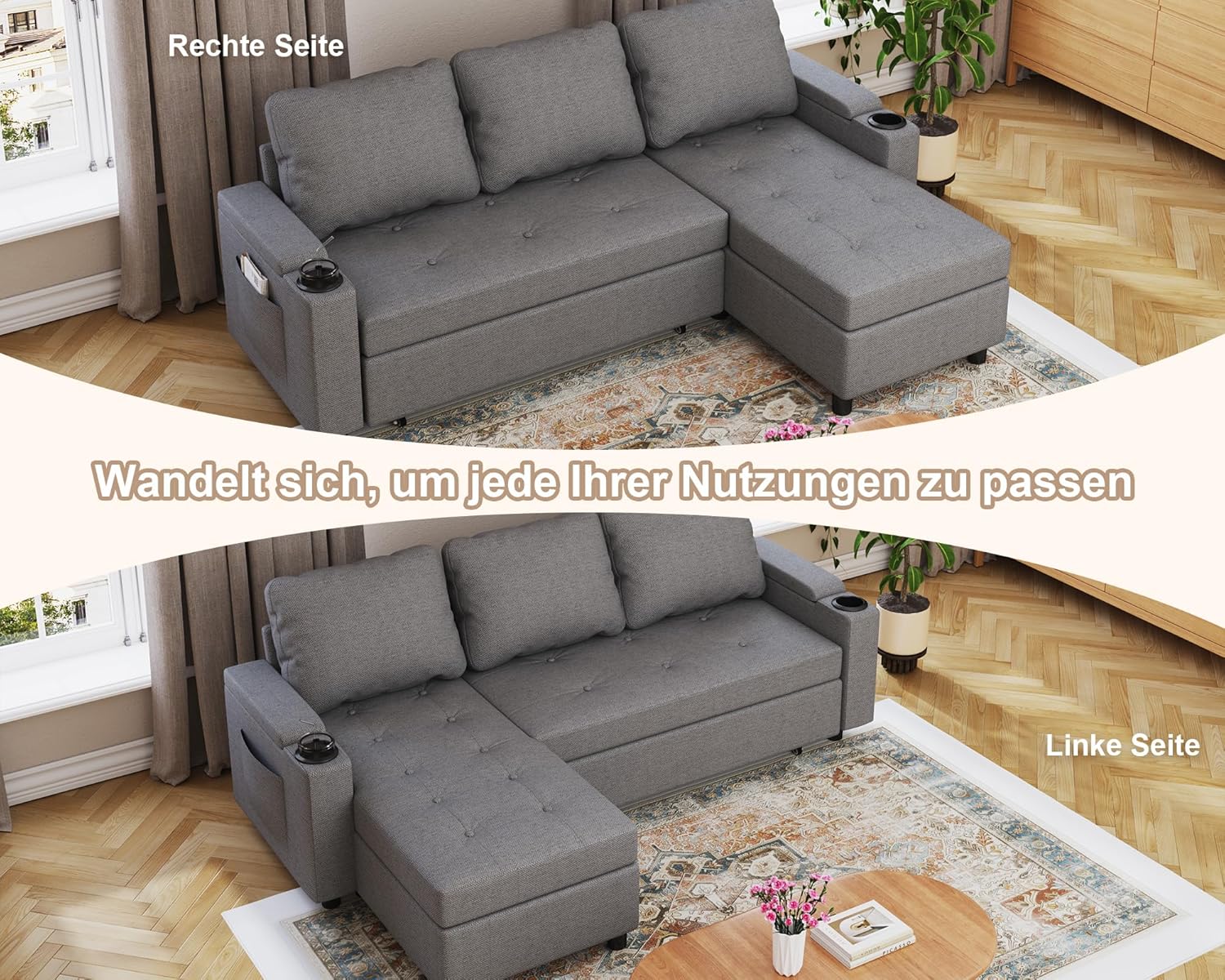 Devoko Ecksofa mit Schlaffunktion und Bettkasten L-Form Sofa 3-Sitzer Ausziehbares Schlafsofa Leinen Couch Kleines Schlafcouch für Wohnung und Wohnzimmer, Hellgrau