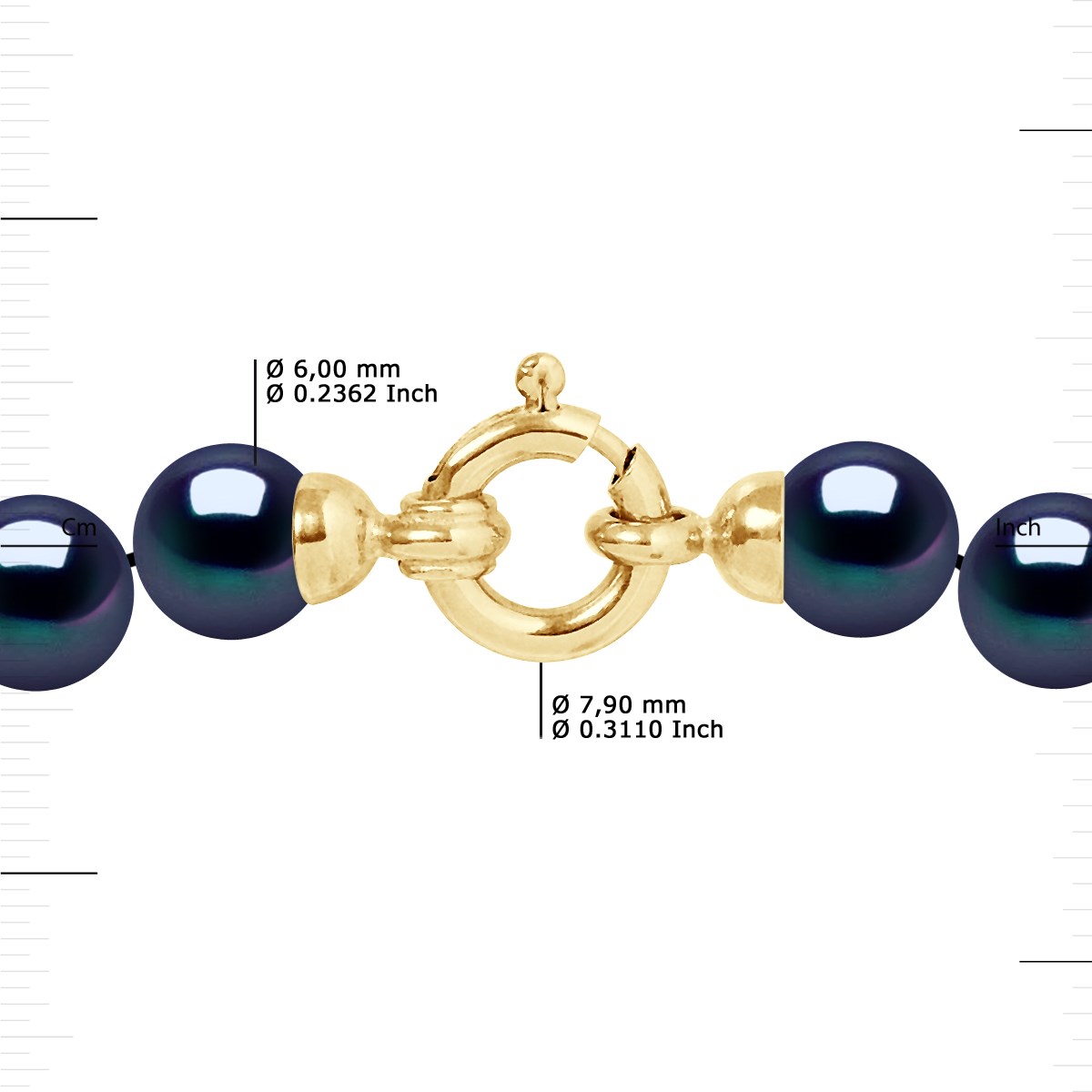 Collier Rang PRINCESSE Perles d'Eau Douce Rondes 6-7 mm Noires Fermoir Prestige Or Jaune