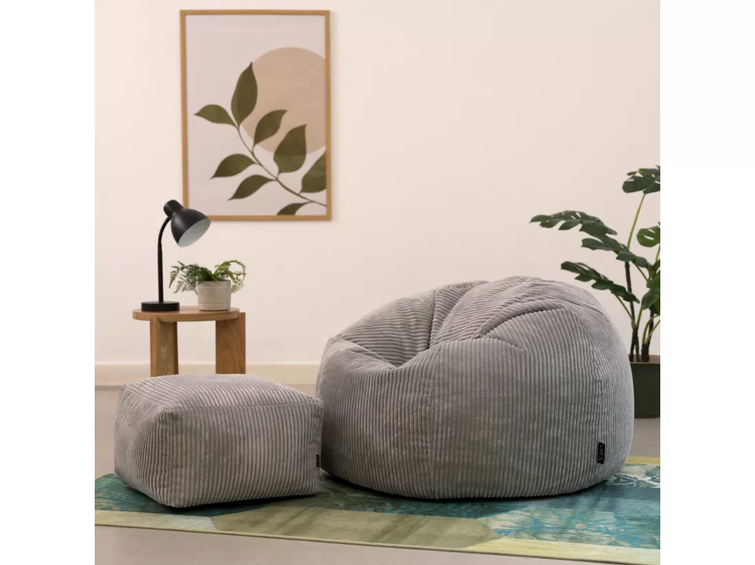Pouf classique et son repose-pied velours côtelé, gris - KINGSTON