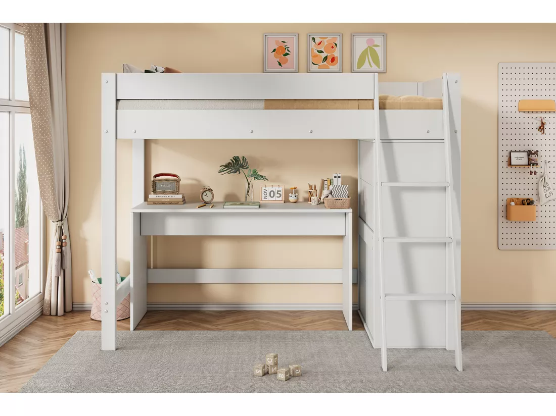 Lit mezzanine 90 x 200 cm avec bureau et grande armoire - Bois massif + MDF - Coloris Blanc (Sans matelas)