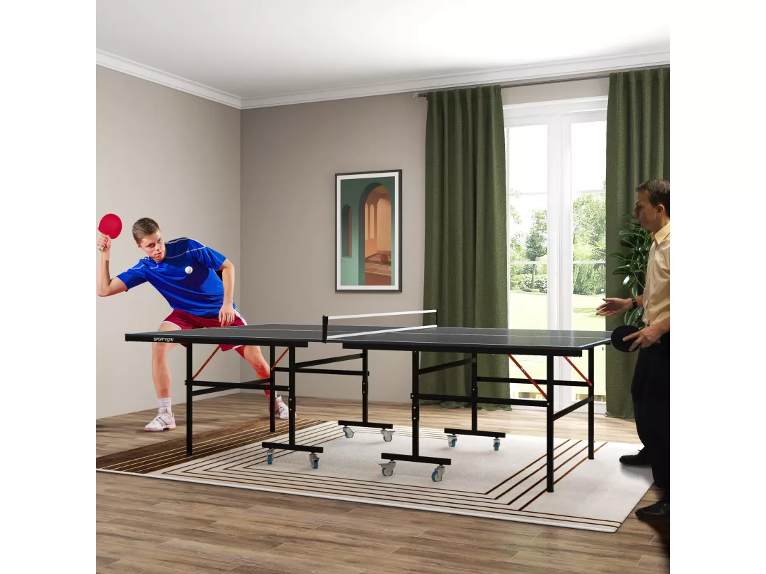 Table de ping pong tennis de table pliable 8 roues - filet, 2 raquettes, 3 balles inclus - noir gris