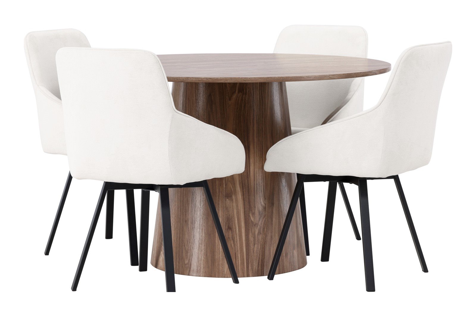 Lanzo og Rosie Spisegruppe Lanzo rundt spisebord ø120cm i natur med 4 stk. Rosie spisestoler i Beige og sorte ben.
