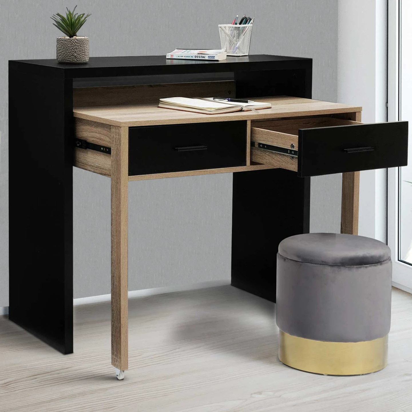 Bureau extensible MAX noir et façon hêtre
