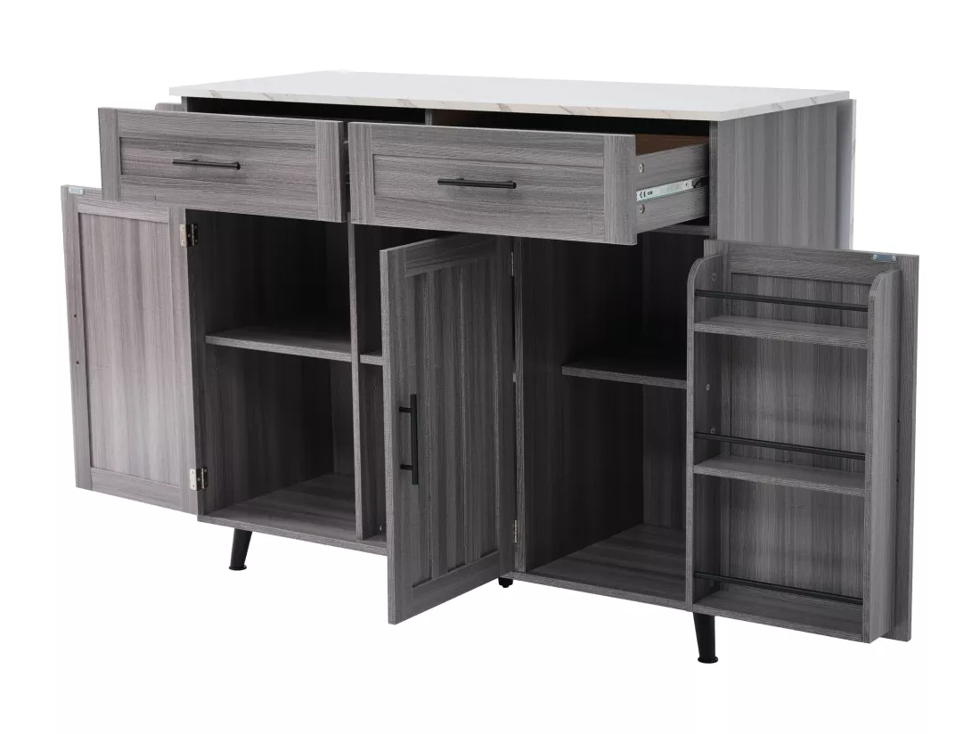 Ilot central de cuisine mobile - Plateau extensible - 2 tiroirs + portes d'armoire de rangement - Gris