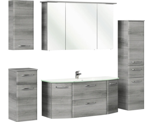 Pelipal Quickset 328 badkamermeubelset (B x H x D 175 x 200 x 39 cm), grafiet getextureerde fronten (horizontaal patroon), met witte glazen wastafel, hoge kast, onderkast en bovenkast (328.120009)