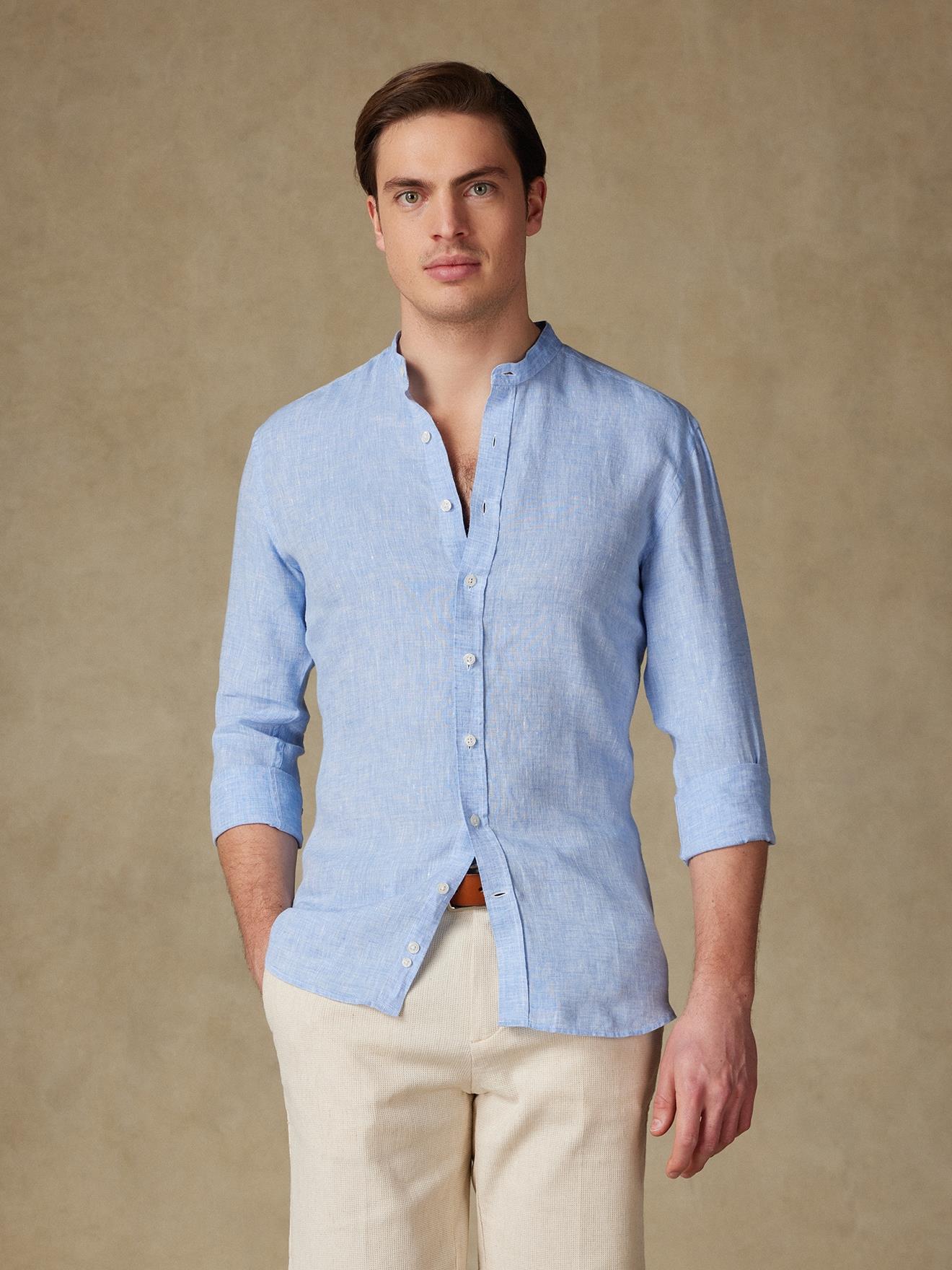 Chemise cintrée col mao Kurt en lin ciel