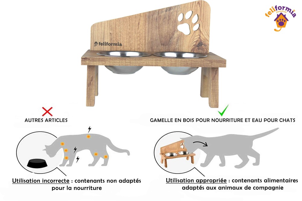 Feliformia® Gamelle Chat 600ml Support en bois avec 2 Bols Gamelle Chat surélevée acier inoxydable Bol pour Chat et Petit Chien