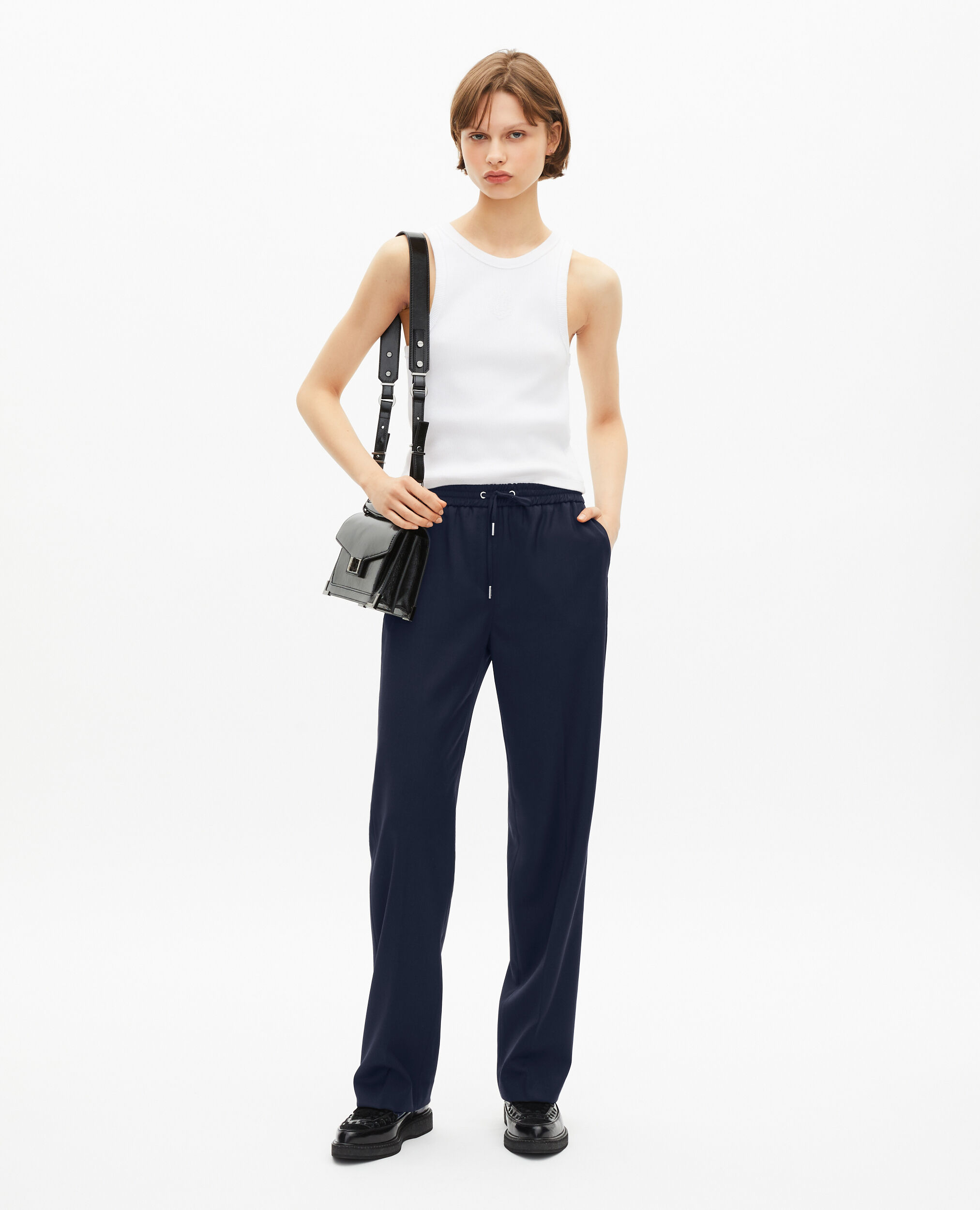 Pantalon droit en laine bleu foncé