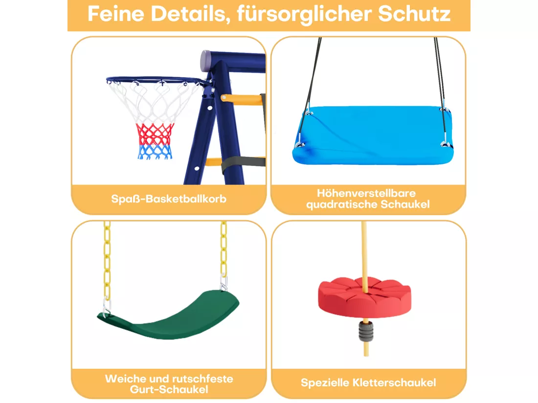 Ensemble de jeux extérieur multifonctionnel pour enfants – 3 balançoires, toboggan, panier de basket, structure d'escalade, balançoire suspendue et cordes