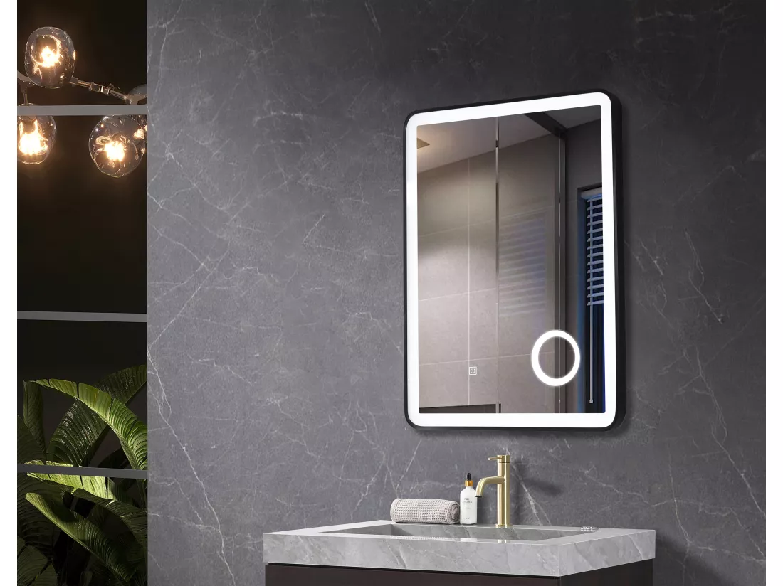 LuxuryBain- Miroir salle de bain LED 50x70cm avec cadre en aluminium noir et loupe grossissante x3