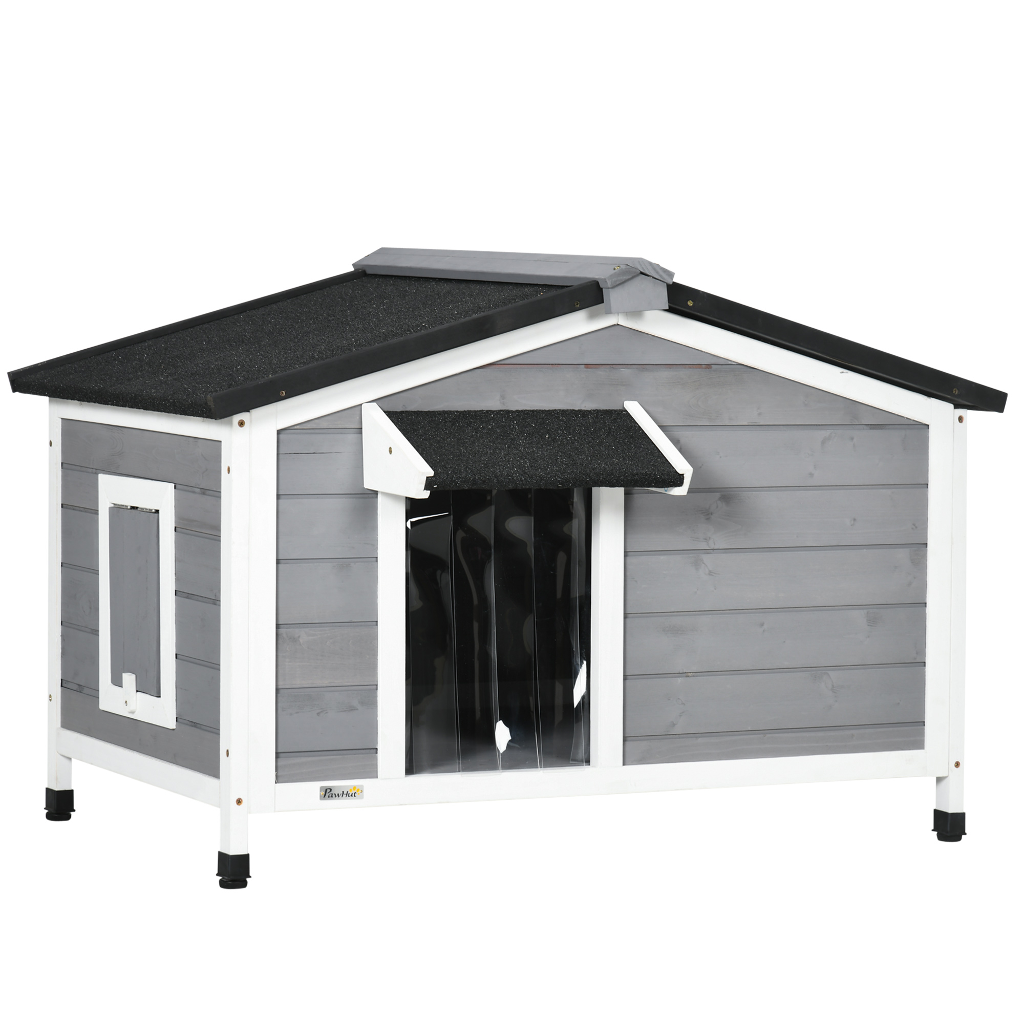 Casinha de madeira para cães PawHut, 97x72x65 cm, com telhado articulado de asfalto, 2 janelas, porta com cortina e base removível, cinza.