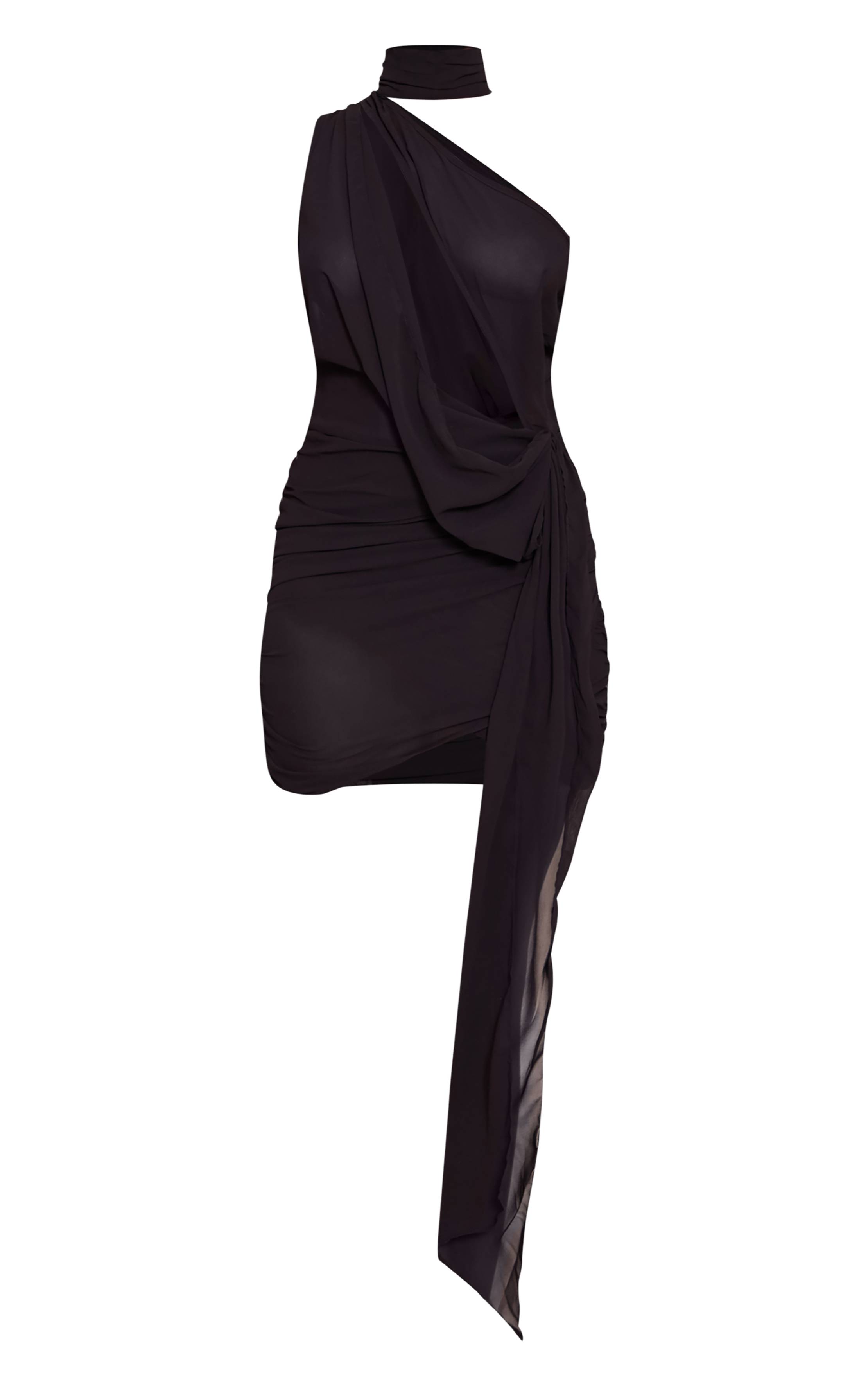 Noir Robe Moulante Drapée Asymétrique En Mousseline Transparente Avec Détails Froncés