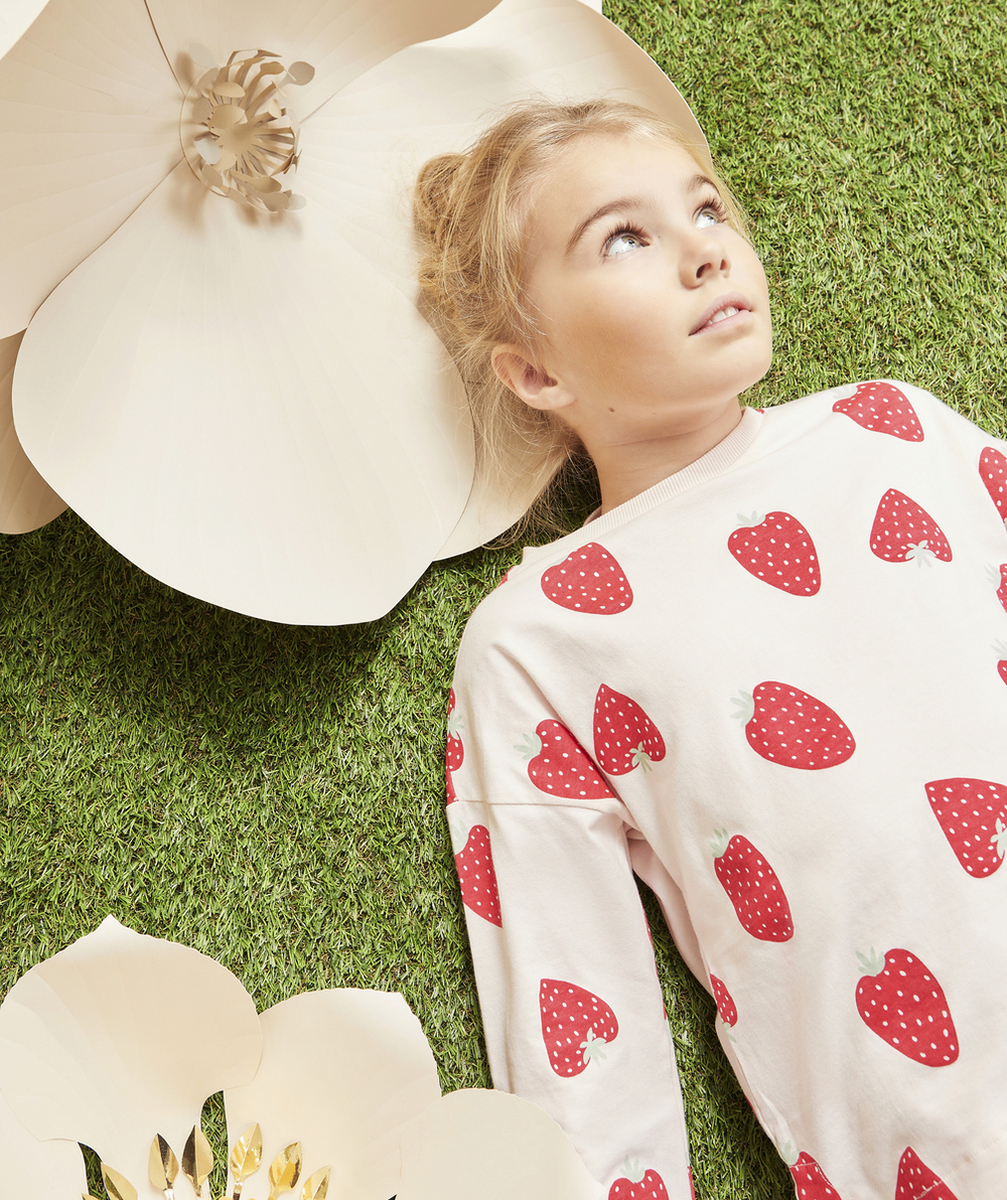 PYJAMA MANCHES LONGUES FILLE EN COTON ROSE THÈME FRAISE