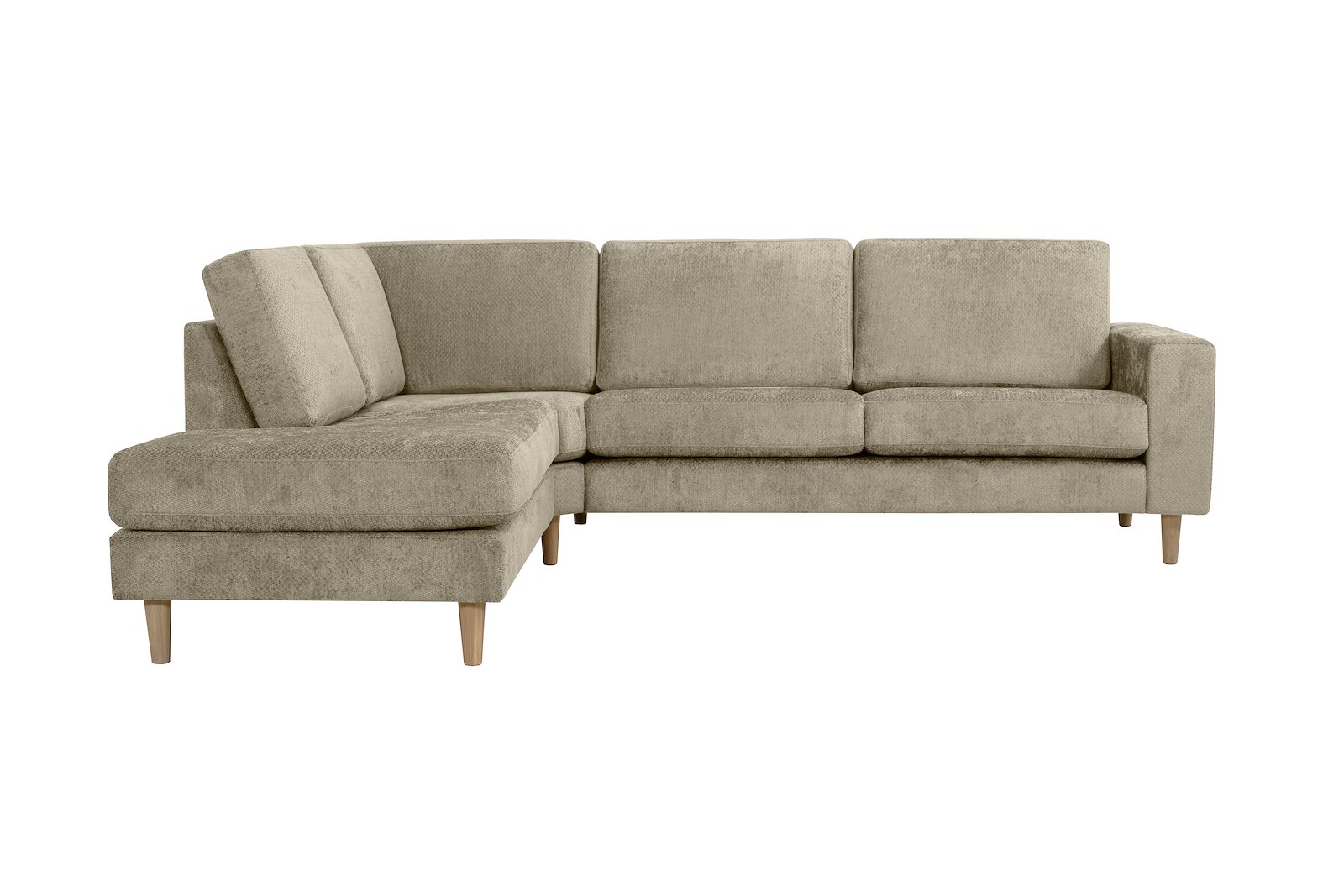 Hedda hjørnesofa 2,5 seter med åpen ende venstre. Tekstil Movie 3/3 Warm Grey med hvitoljede eikeben (1) og 18 cm arm (F).