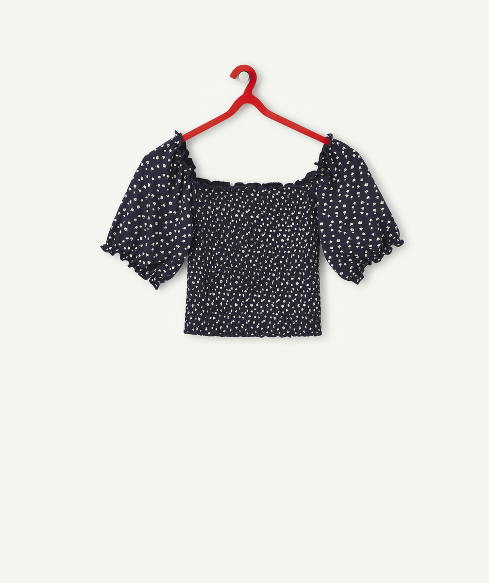 T-SHIRT COL BARDOT FILLE BLEU MARINE AVEC IMPRIMÉ FLEURI