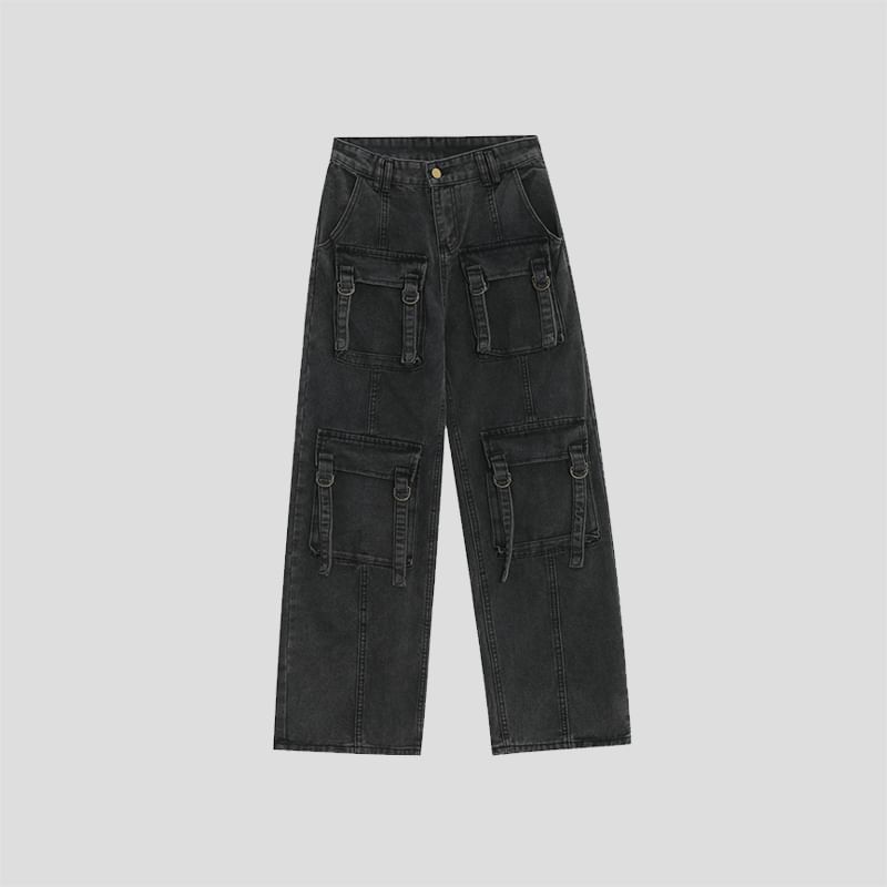 Banash - Mid Rise Washed Buckled Wide Leg Cargo Jeans