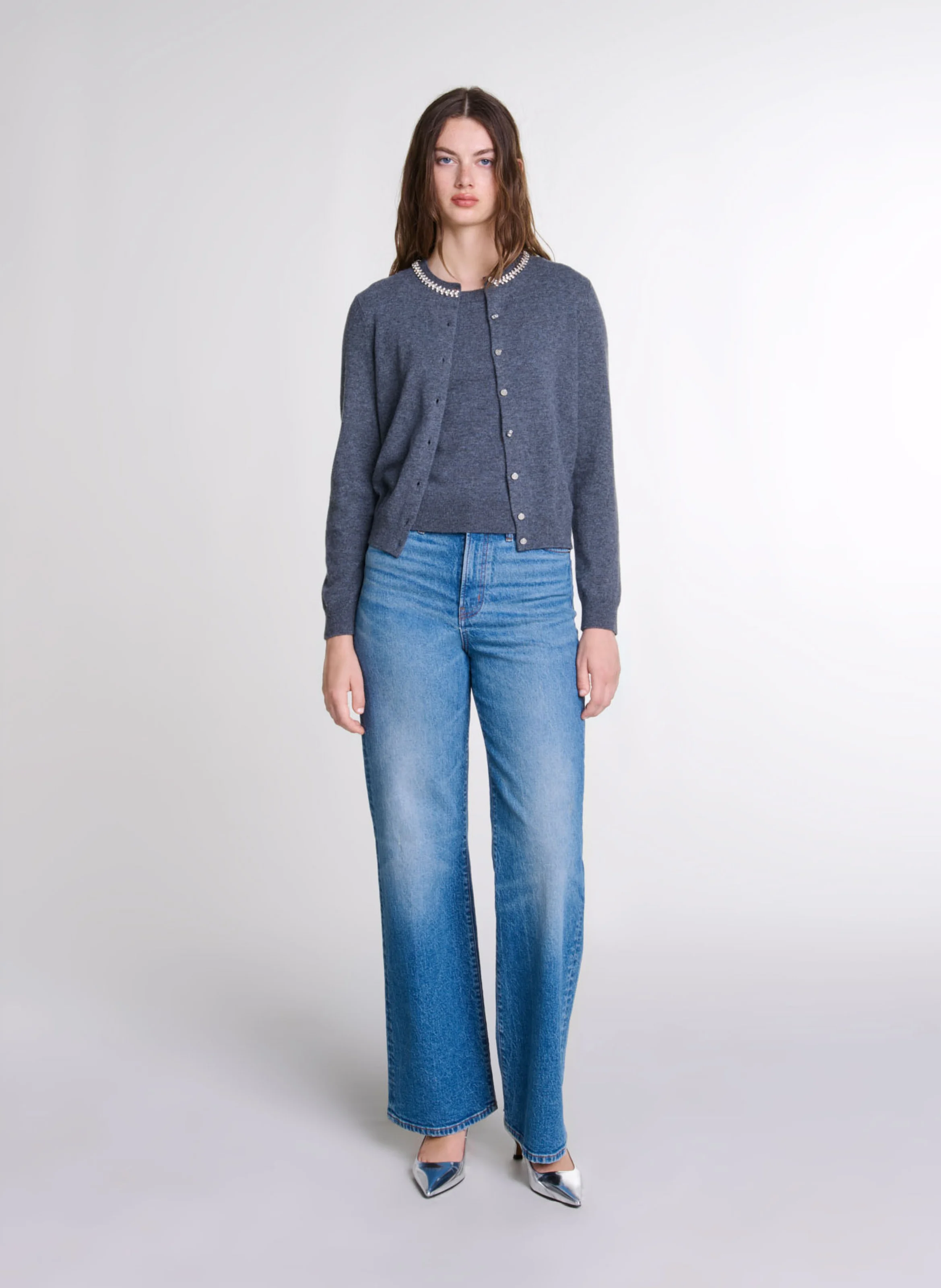 Gilet col rond en laine mélangée| Gris
