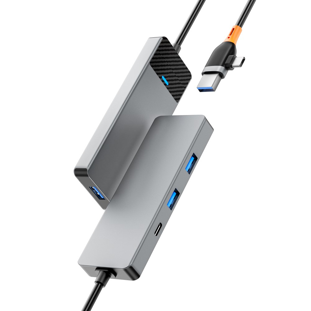 USB A / 90° Grad Dual Stecker USB C Multiport Adapter mit 3x USB 3.0 / 1x USB C - Grau