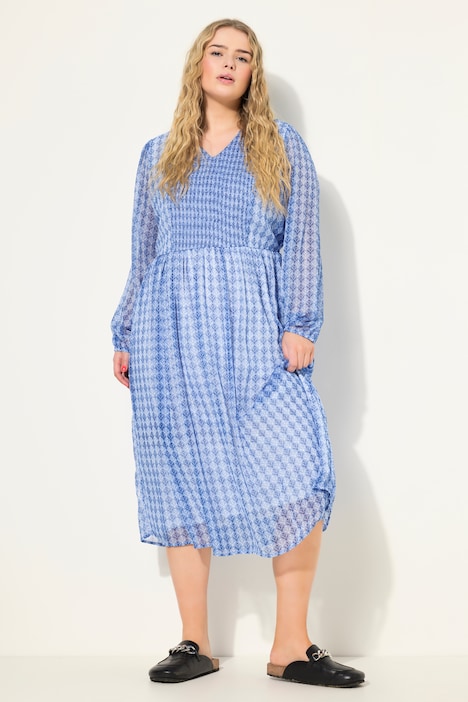 Midikleid, A-Line, Minimal-Print, V-Ausschnitt, Langarm