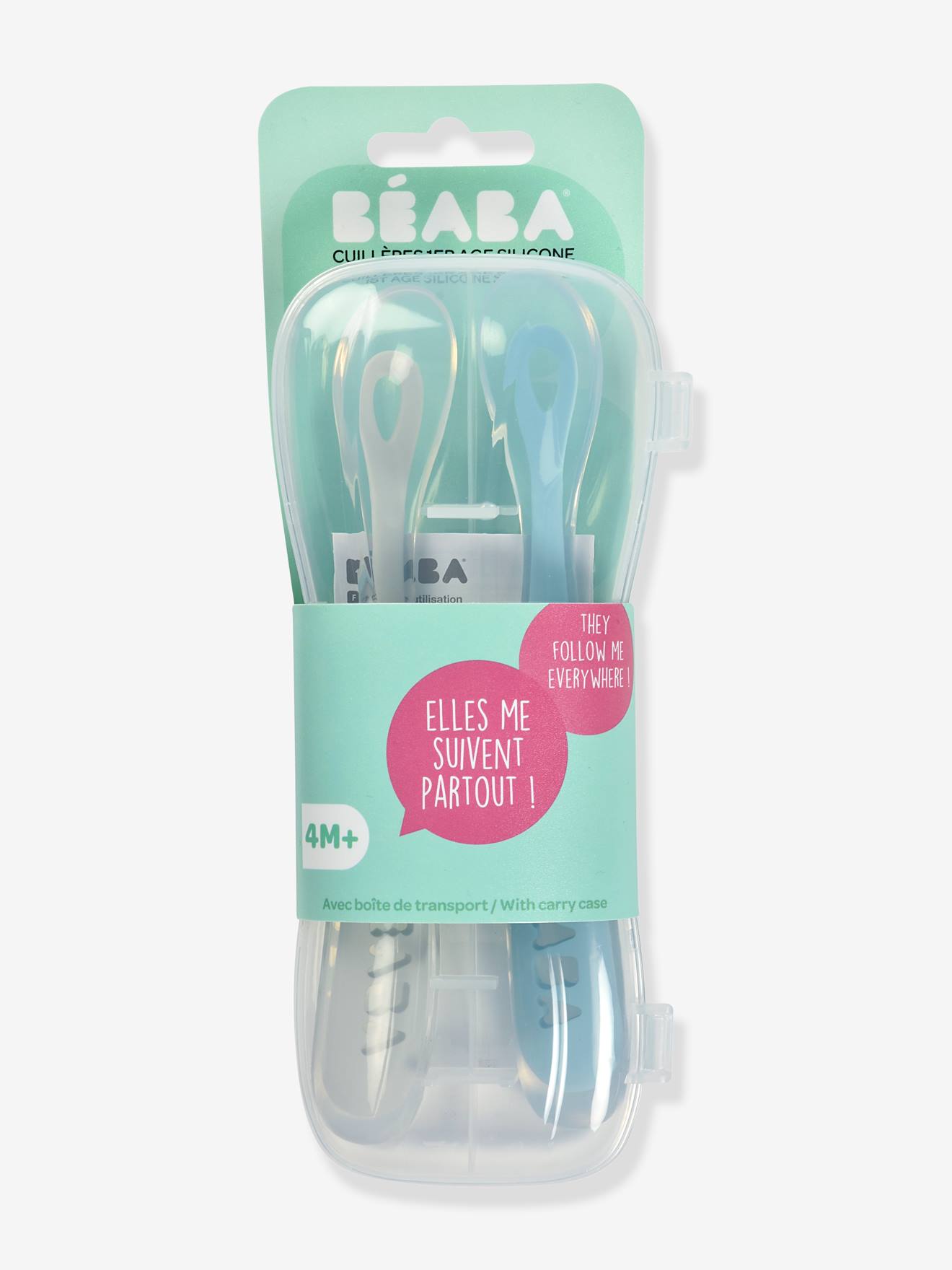 Conjunto de 2 colheres ergonômicas de aprendizagem + estojo de transporte rosa médio BEABA