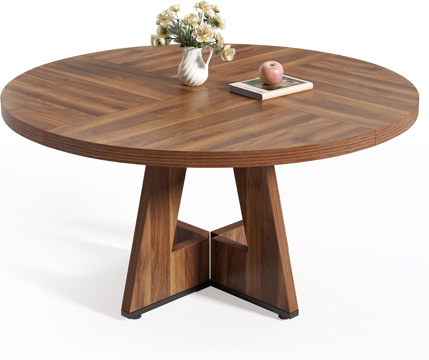 LITTLE TREE Runder Esstisch für 4–6 Personen, 120 cm Esszimmertisch mit Holzsockel, brauner Esstisch, runder Küchentisch für Esszimmer, Küche, Wohnzimmer (nur Tisch)