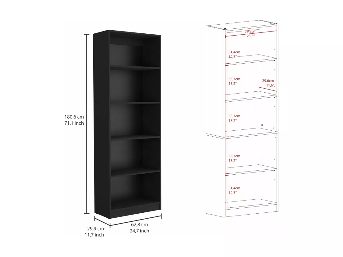Bibliothèque de bureau en mélamine 3 pièces avec étagères, 180.6 cm X 170.6 cm X 29.9 cm , Noir